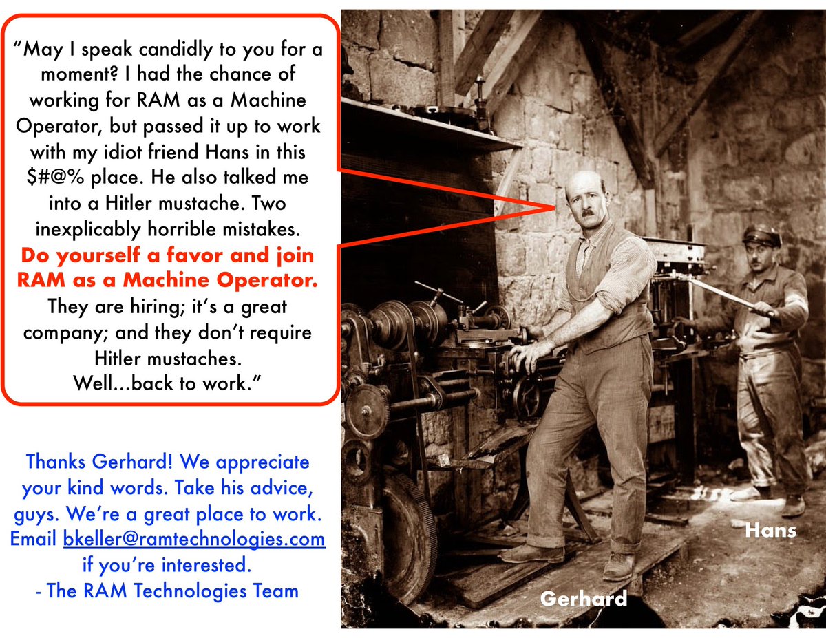 ramtechrulz's tweet photo. We are growing and need Machine Operators! Don't make the same mistake Gerhard did by passing up this opportunity! https://t.co/nYVcskiNaB