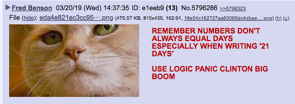 Yesterday, 3/19/19, was yet another big date in the QAnon world that went bust.So Freddy Benson showed up to /qresearch/ to remind the QAnon followers about the most recent failed prediction.