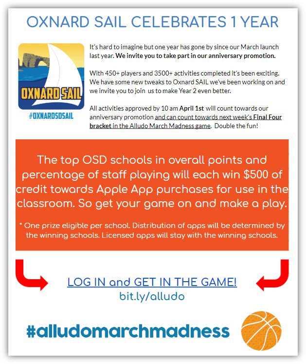 OxnardSD_SAIL's tweet photo. π at that! #OxnardsdSAIL β΅ turns 1 π Since last March we've seen hundreds of players complete thousands of activities. Get on board & join the #PersonalizedPD voyage. We're running an anniversary promo. Win π°π°π° for iPad apps for your school https://t.co/mKyHP0ZGoP @OxnardSD https://t.co/JufCoBwjwm