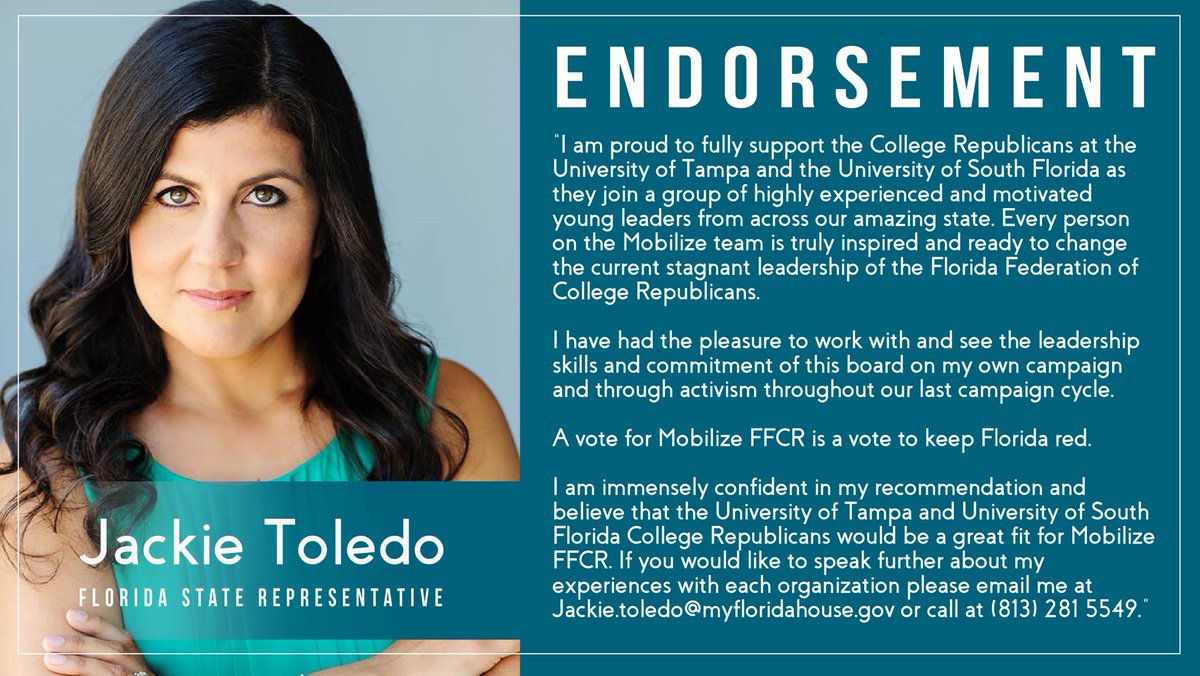 MobilizeFFCR's tweet photo. "A vote for Mobilize FFCR is a vote to keep Florida red" - Representative Legend Jackie Toledo
Need we say more? We are beyond honored to have earned State Representative @ToledoForTampa's endorsement as we head to convention!
#MobilizeFFCR #EnhanceExpandEnergize #Sayfie #Flapol https://t.co/A2geO4Cvoj