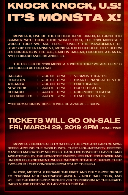 NuttyNomads's tweet photo. Yay! Venues and ticket sale info has been announced for the upcoming #MONSTAX US tour! Tickets go on-sale Friday, March 29th, 2019 at 4pm (Local Time)! @OfficialMonstaX @POWERHOUSELIVE #MONSTAXinUS https://t.co/I7mOeRcuof