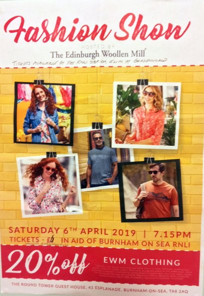 Hosted by Edinburgh Woollen Mill in aid of Burnham-On-Sea RNLI.  
Venue -The Round Tower Guest House TA8 2AQ.
Tickets are £6 and are on sale now at the RNLI shop in the High Street and also at Edinburgh Woollen Mill at Garden World (Blue Diamond Group).
See you there!