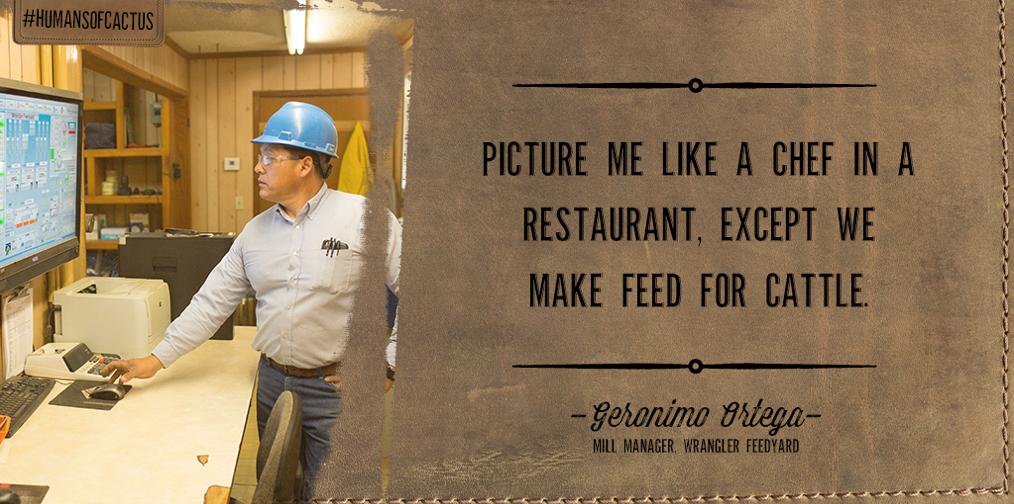 "At  6am, we start batching feed. We make several different rations. Our  most common ration consists of flake, hay, Sweet Bran, wet distillers.  We make an 8,000 lb batch. Feed trucks come by and get it and deliver it to the cattle."  #HumansofCactus