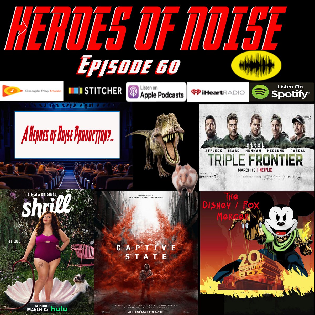 HeroesofNoise's tweet photo. This week on Heroes of Noise Episode 60: #TripleFrontier #Shrill The #Disney #Fox #merger, Hamsters and Dinosaurs, A subpar Anthony Kiedis impression and more. Press play and enjoy! 🤘🏽✊🏾 #iTunes #Stitcher #Spotify #googleplay #podernfamily #podcast https://t.co/67Zu9brT7Z https://t.co/fn8rkKv7xj