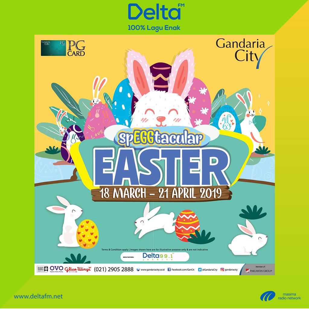Delta_FM's tweet photo. #ShopPlayandWin💃💃 ikuti program #Easter di @gandariacity menangkan berbagai hadiah menarik. Dengan pembelanjaan 500rb atau (350rb dgn OVO), bisa langsung bermain "Vending Machine" yg ada di Easter Booth, North Mainstreet lantai Ground. #EasterGC #GCevent #GCquiz2019 https://t.co/fKAGp4YoBe