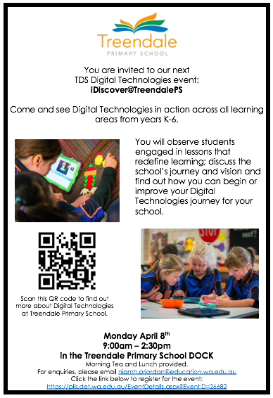 TreendalePS's tweet photo. Digitech TDS PD opportunity: Term 1 iDiscover@TPS 8th of April! Head to PLIS to register. @TDS_SS_CO https://t.co/UBMYxcxELs