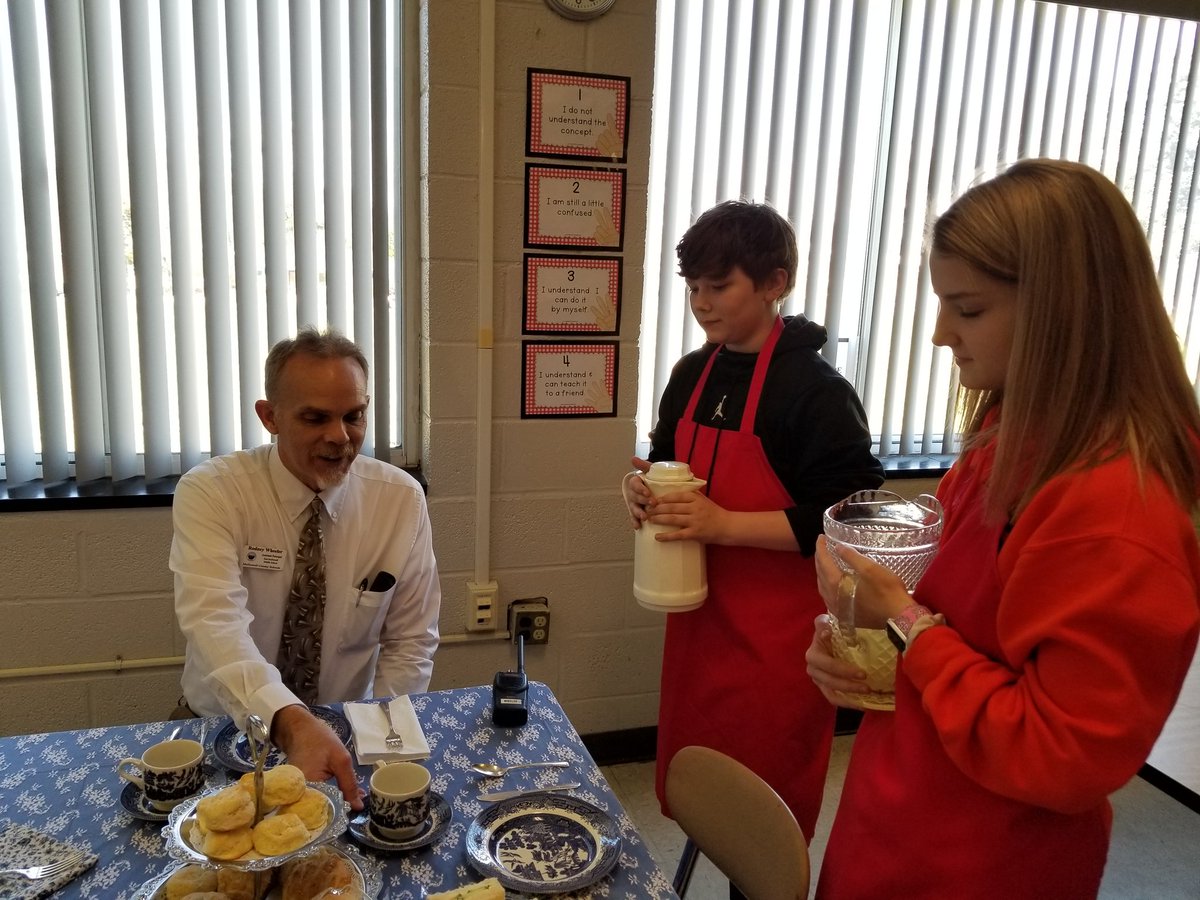 MerrittChristel's tweet photo. My 8th graders spoiled their teachers with a spot of tea today! Stay classy my friends! #EMMS #reallifeskills #mannersmatter https://t.co/g7R9qSyzMs
