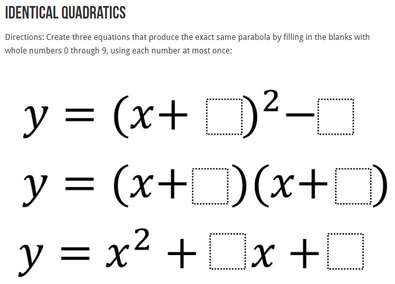 robertkaplinsky's tweet image. How well do your students REALLY understand quadratics? This @openmiddle problem from @zmill415 will help you figure it out. openmiddle.com/identical-quad… #iteachmath #MTBoS