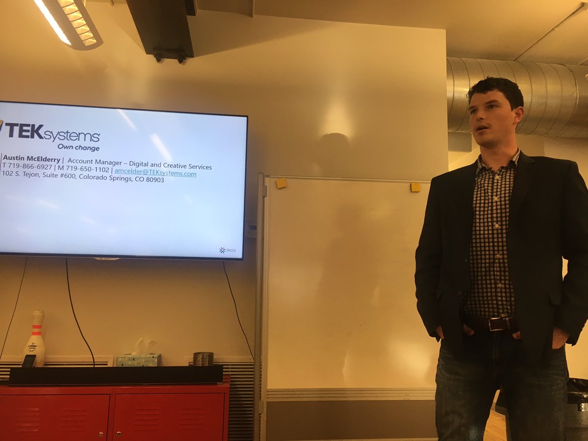 SpringsSQL's tweet image. Thanks to Austin from @TEKsystems for sponsoring our meeting tonight!  There are a lot of jobs available now. #springssql