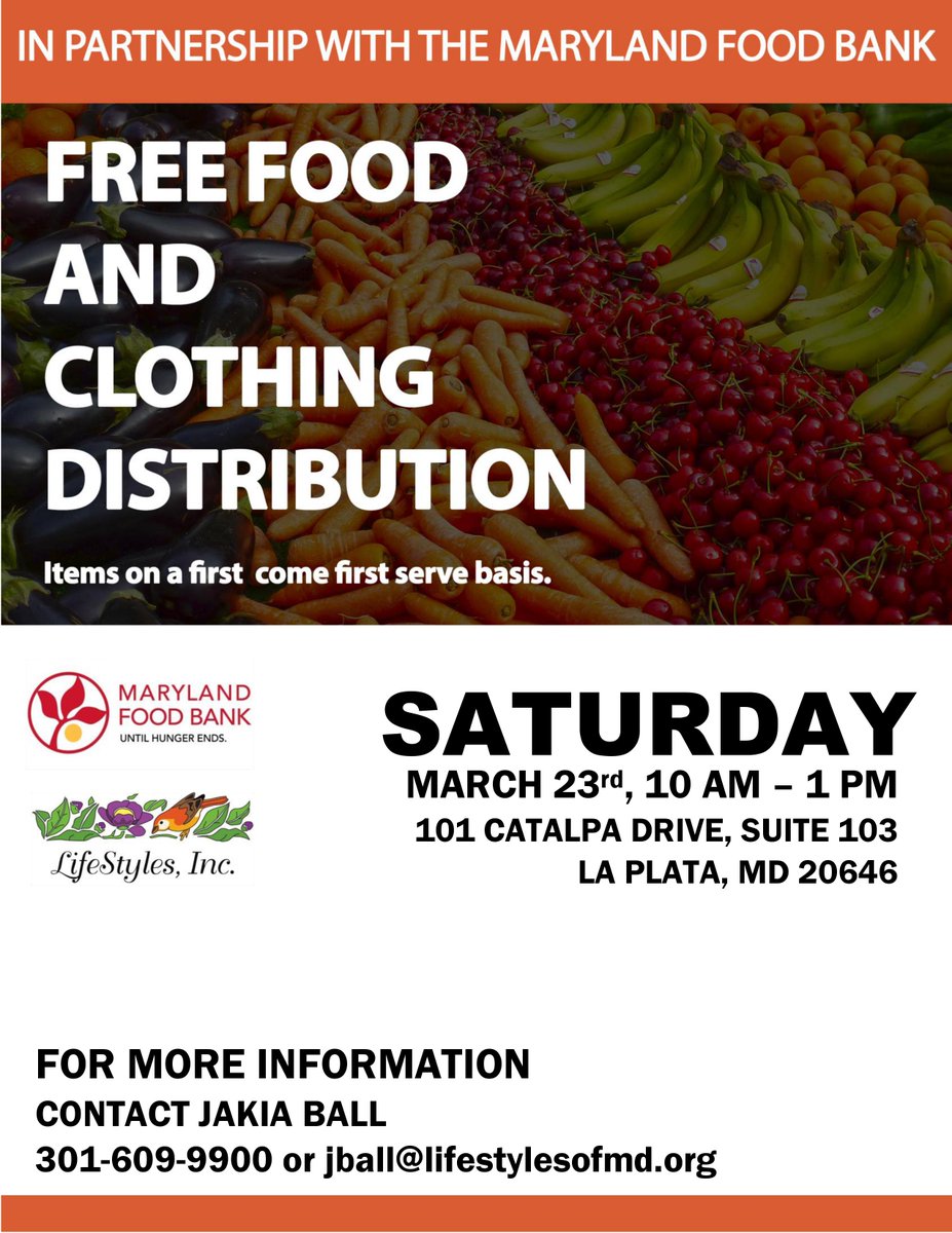 LifeStylesofMd's tweet photo. LifeStyles will distribute free food and clothing this Saturday from 10 AM - 1 PM. 

101 Catalpa Dr. Suite 103
La Plata, MD 20646 https://t.co/JUmbGXUYjB