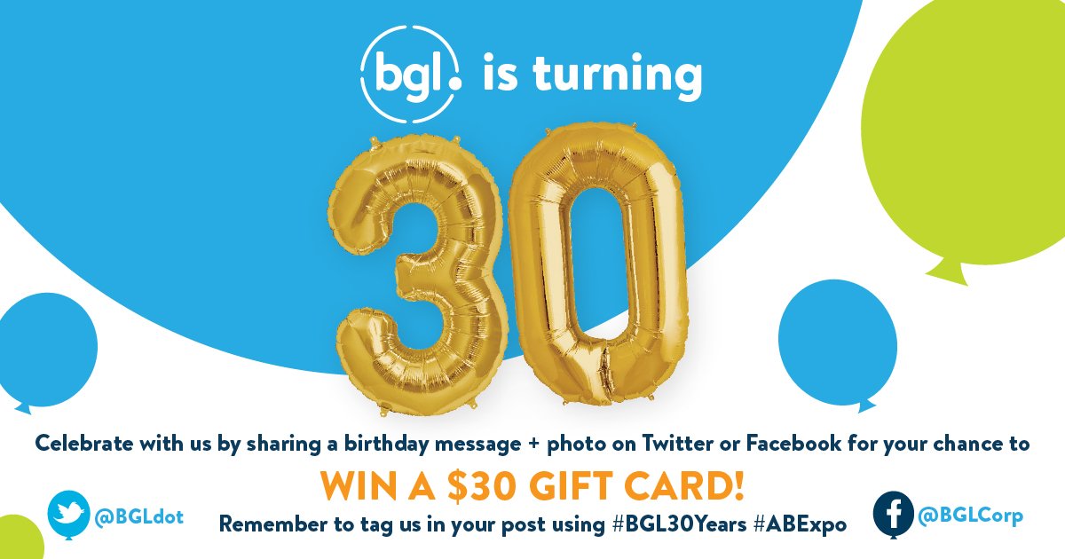 BGLcorp's tweet photo. BGL is turning 30! 🎈 Celebrate with us by sharing a birthday message + photo on Twitter or Facebook for your chance to win a $30 Gift Card!
You can find us at #ABExpo #STANDE08. Remember to tag us in your post! #BGL30Years
#SMSF #CorporateCompliance #Accounting @AccountingBExpo https://t.co/E2aNXsz7jR