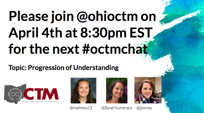 ohioctm's tweet photo. Join #octmchat TOMORROW at 8:30pm EST to talk about the Progression of Understanding in Math with @jjobney, @BakerNumeracy, and @malmess13! https://t.co/rC5CjO48qm