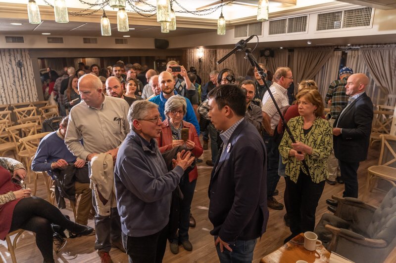 AndrewYang's tweet photo. Awesome event in Plymouth NH with @marchandsteve with local Dems https://t.co/L3ofFsvjt1