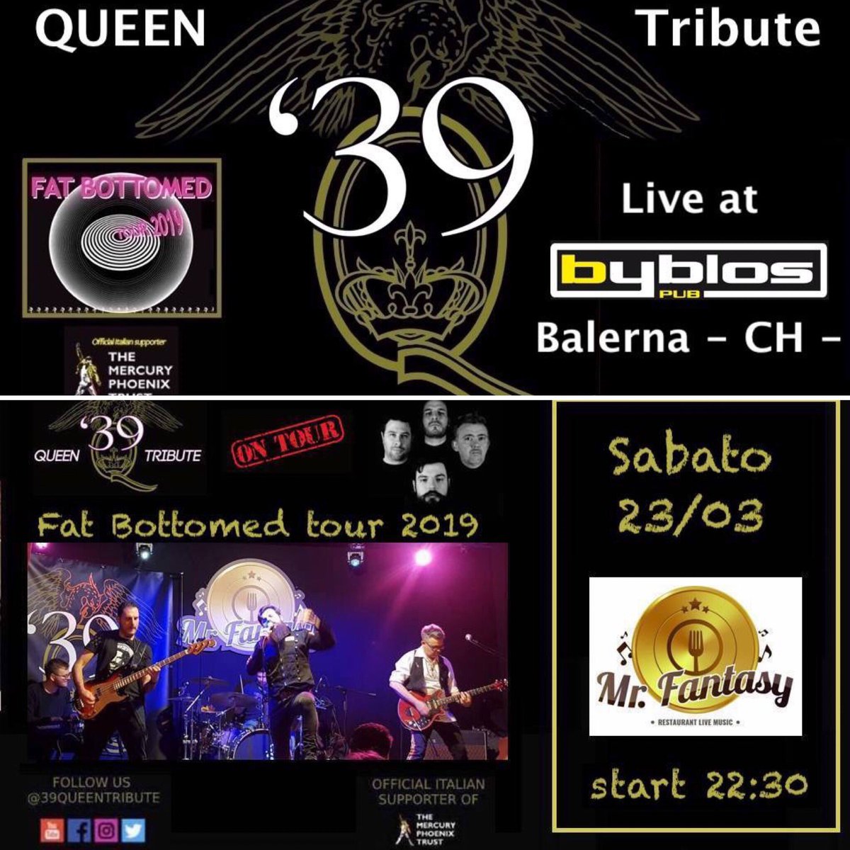 39QueenTribute's tweet photo. Questo weekend doppio appuntamento live con il nostro #fatbottomedtour2019 : 22/3 Byblos di #Balerna 🇨🇭e 23/03 Mister Fantasy a #Buccinasco 🇮🇹 vi aspiattiamo e insieme sosterremo @The_MPT per la lotta all’ #AIDS e #HIV. @ComunitaQueenIT @Queen4everBlog https://t.co/0oqVDIb81k