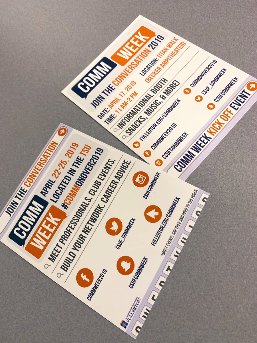 CSUF_CommWeek's tweet photo. Flyers out! Join us at tabling on 4/9 &amp; our kick-off event is on 4/17! #commonover2019 #commcsuf #csuf https://t.co/x7XhBd3GkZ