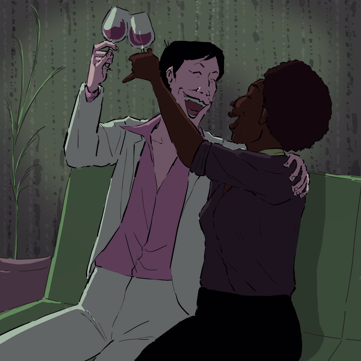dystrackart's tweet photo. [start ID: three drawings of isabelle and aisha. isabelle is a tall white woman with short black hair, a white suit and a pink shirt. aisha is a shorter black woman with a purple shirt, a dark skirt and a yellow scarf. they are both in their early 40s. 
in the first drawing,(1/2) https://t.co/yG3dzHK1n5
