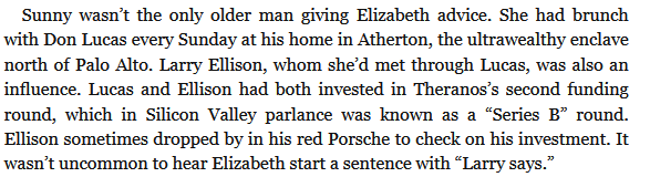 Finally, we have a demonstration of key stakeholders, because if important people back your company, it must be good right? (See the Theranos Board) One way to build stakeholders is with personal attention, which is described by  @JohnCarreyrou in his book Bad Blood. 5/6