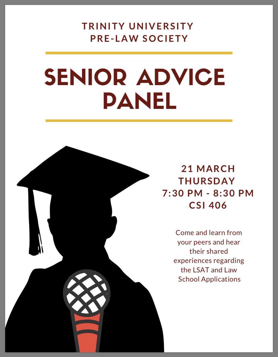 trinityprelaw's tweet photo. Be sure to come on down to the senior advice panel that we will be organizing for pre-law students at Trinity interested in learning more about the experience of graduating seniors! It’ll be tomorrow in CSI 406 from 7:30 to 8:30 PM. Hope to see you there! https://t.co/tjUsJyWYC3