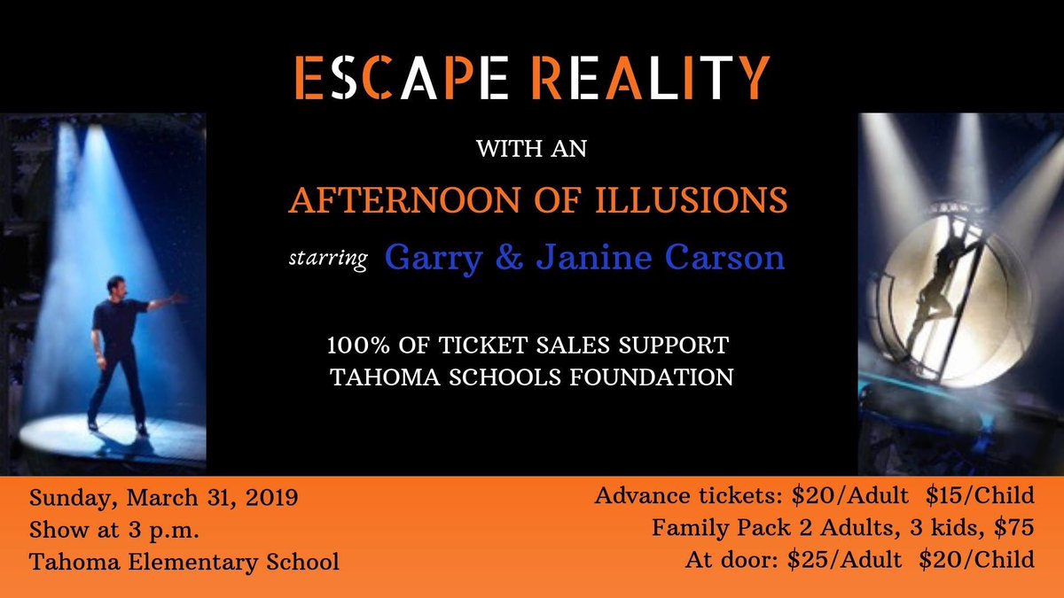 We’re excited to offer an afternoon of illusions with Garry and Janine Carson, at 3 p.m. on March 31 at #Tahoma Elementary! Tickets are on sale now at Brown Paper Tickets. For a direct link visit our website at tahomaschoolsfoundation.org