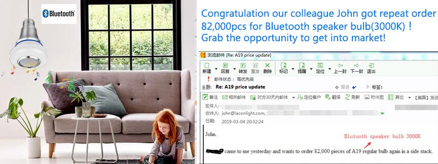 Congratulations to my colleague, Mr. John. Well done!
One order/one item 82,000pcs!
Queen bluetooth bulb speaker series are ready to ship!
Popular in usa &amp; canada!