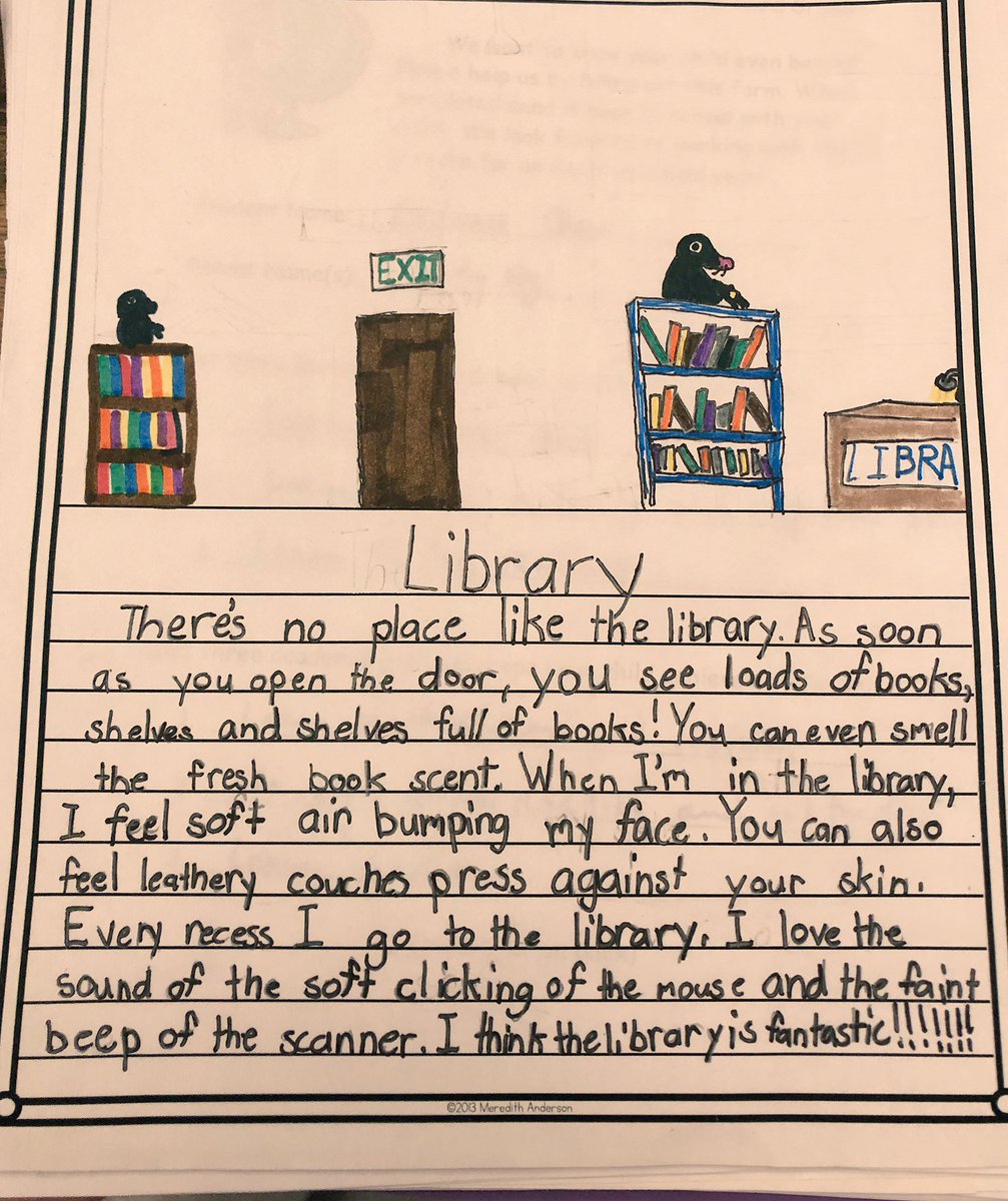 mrssears3's tweet photo. Preparing for parent teacher conferences tomorrow and ran across this gem again!  One of my student’s paragraphs on their favorite place- the library.  Just wanted to share @TaniaGuyer !  #WeAreMJS #voraciousreaders #Daily5 https://t.co/4pX0yVFRat