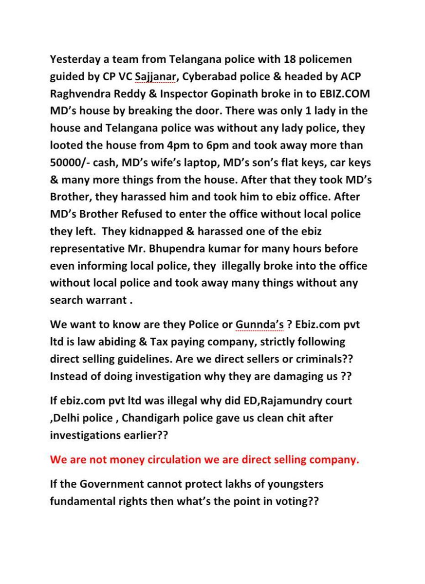 gauttam_jain's tweet photo. We sincerely want investigation against conduct of Telangana Police by H’rble @KTRTRS @rajnathsingh @smritiirani @ani @pti @TelanganaDGP @SushmaSwaraj @sudhirchaudhary if not heard, 1CR voters directly/indirectly with EBIZ won’t vote &amp; march to jantar mantar. #justice4ebiz #nota https://t.co/0RDVwCJ5UB