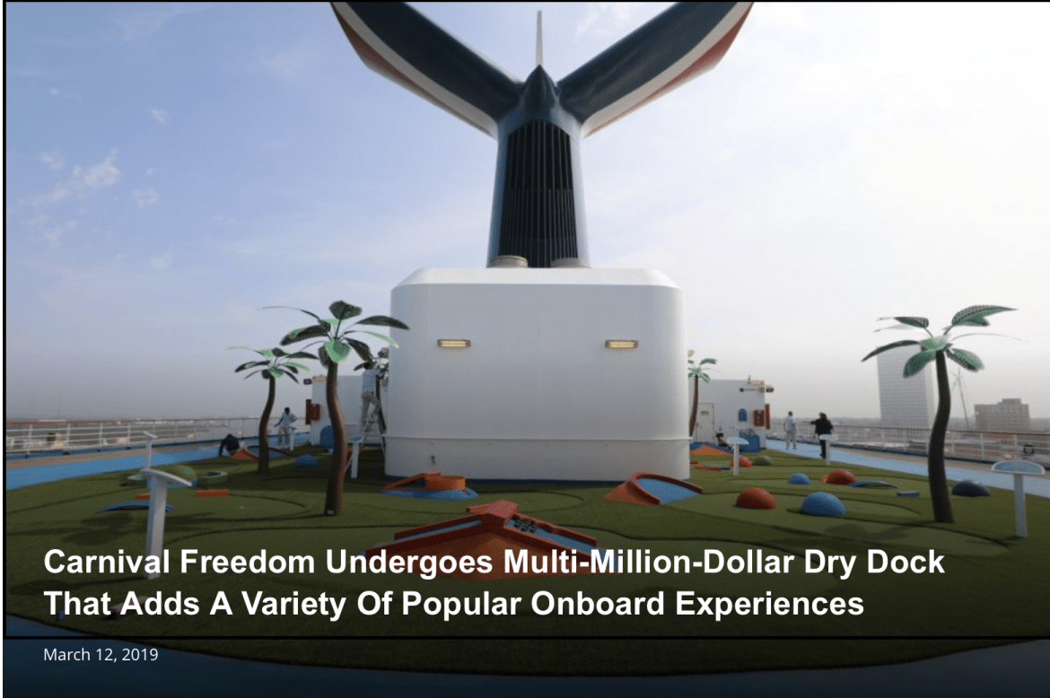 tt2travel's tweet photo. CRUISE NEWS: @CarnivalCruise's Carnival Freedom adds new WaterWorks Aqua Park, Mini Golf Course, and more after extensive 3 week renovation! https://t.co/SJPNfgBFL7 https://t.co/OYXMA8QuVC