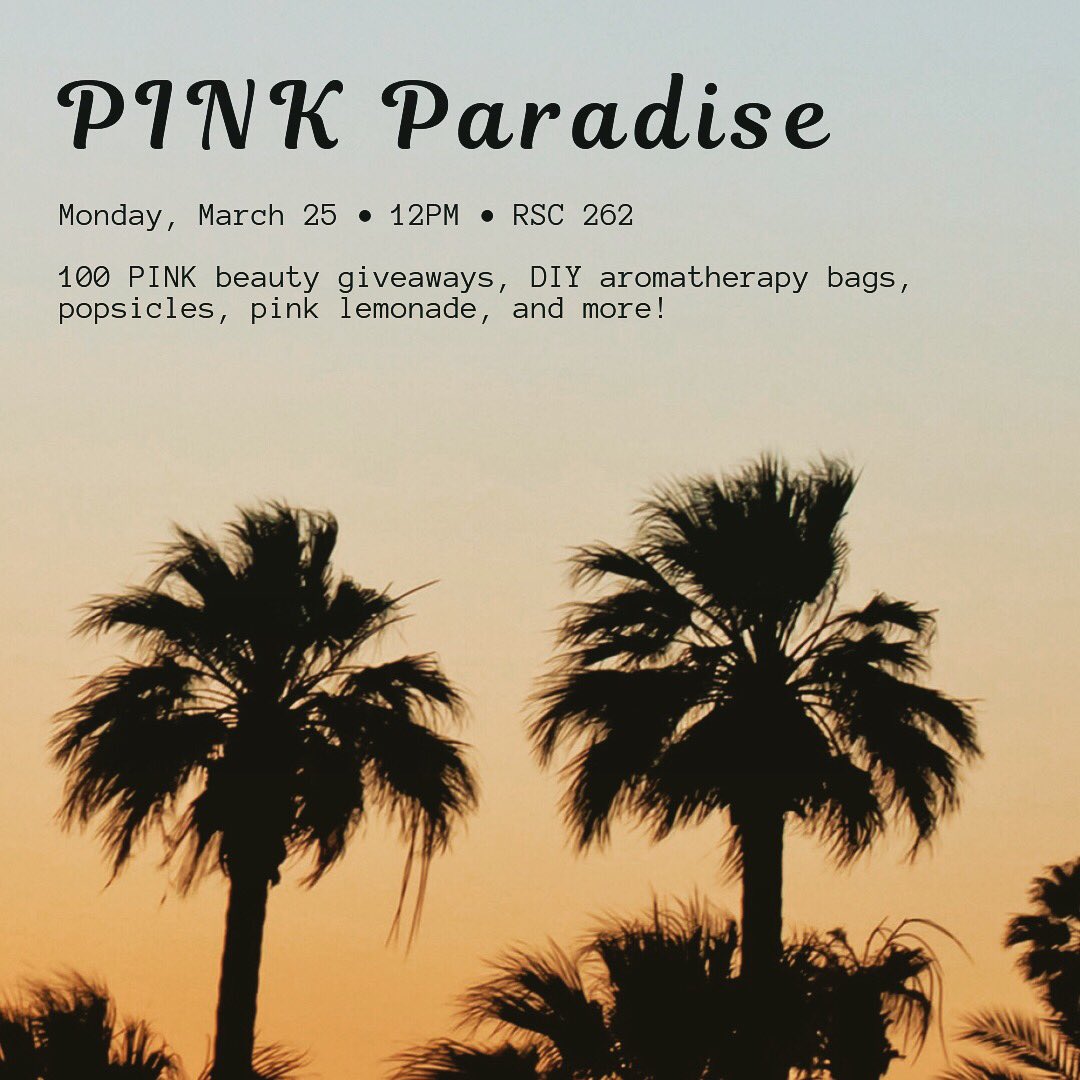 Having spring break withdrawals? Then relax at PINK Paradise this Monday, 3/25, at 12PM in RSC 262! 🌊☀️🌴 The first 100 WSU students will get to pick out a full-sized PINK beauty item & make a tropical-scented sachet bag! Popsicles & pink lemonade will be provided.
.
#PINKBTY