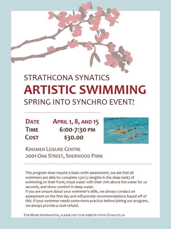 Come join the Strathcona Synatics for the Spring Into Synchro event in April! #ArtisticSwimming #SynchronizedSwimming #SynaticsSynchro #StrathcoCounty #SherwoodPark