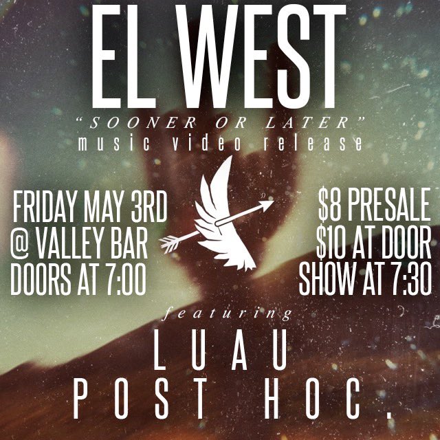 Come catch the premier of our new music video Friday, May 3rd at our release party at @ValleyBarPHX!!! Joining us for the evening are <a href="/luaunoise/">luau</a> and Post Hoc. But your tickets now at bit.ly/soonerlater