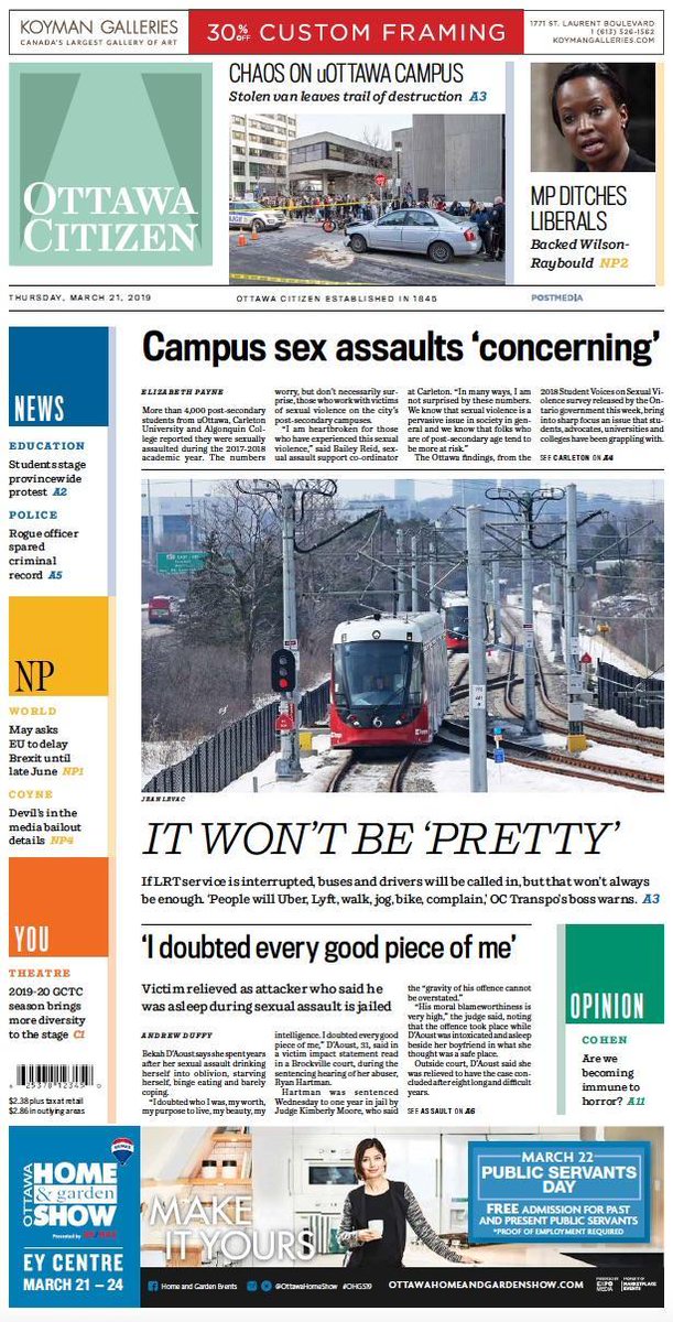 OttawaCitizen's tweet photo. Here is the Ottawa Citizen front page for Thursday, March 21, 2019. https://t.co/v0R6zkpkn6