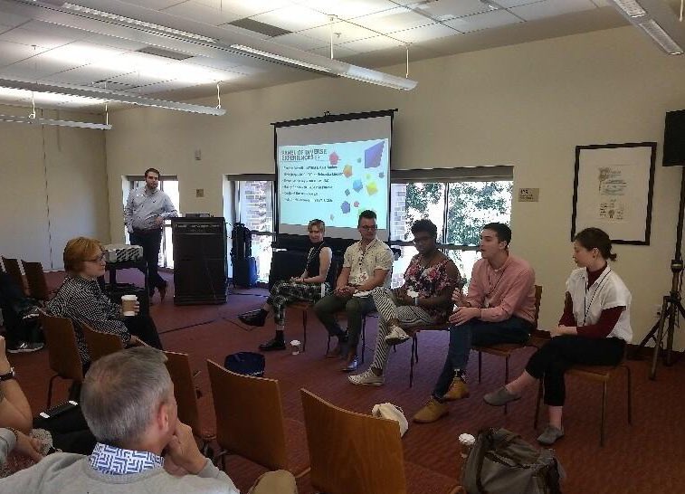 UMassOSTEM's tweet photo. UMass oSTEM founder Phoebe Bisnoff presenting at #Out2Innovate on “Forming Student Groups: Experiences and Organizing” alongside reps from UCLA, Purdue, UNL, & USC https://t.co/mtJ3OQ24hf