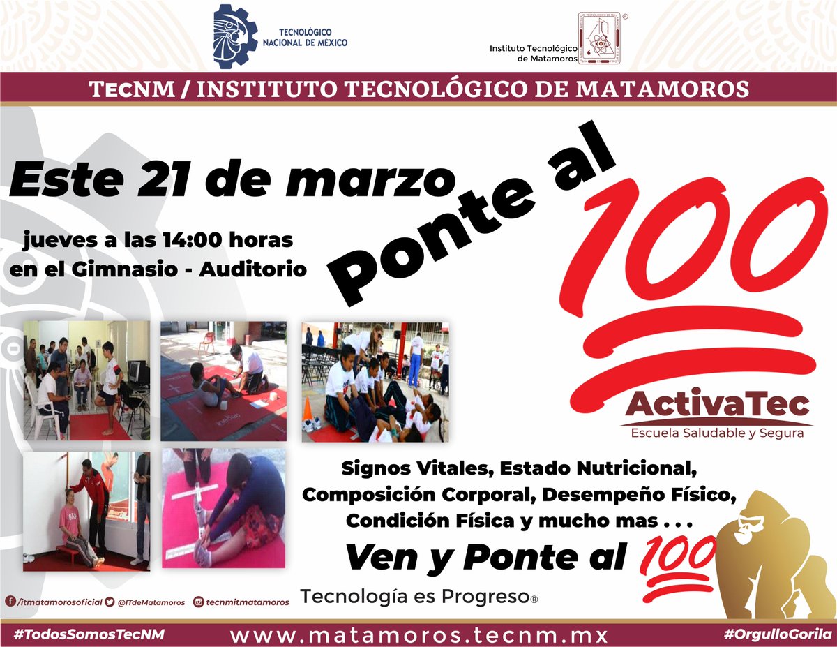 TecNM_Matamoros's tweet photo. La Activación Física nos ayuda a cuidar la salud, ¡¡¡ Ven y Ponte al 100 !!!
#TecNM #Matamoros #ActivaTec #OrgulloTecNM #OrgulloGorila #TodosSomosTecNM #PonteAl100 #Salud https://t.co/JMveXc5J94