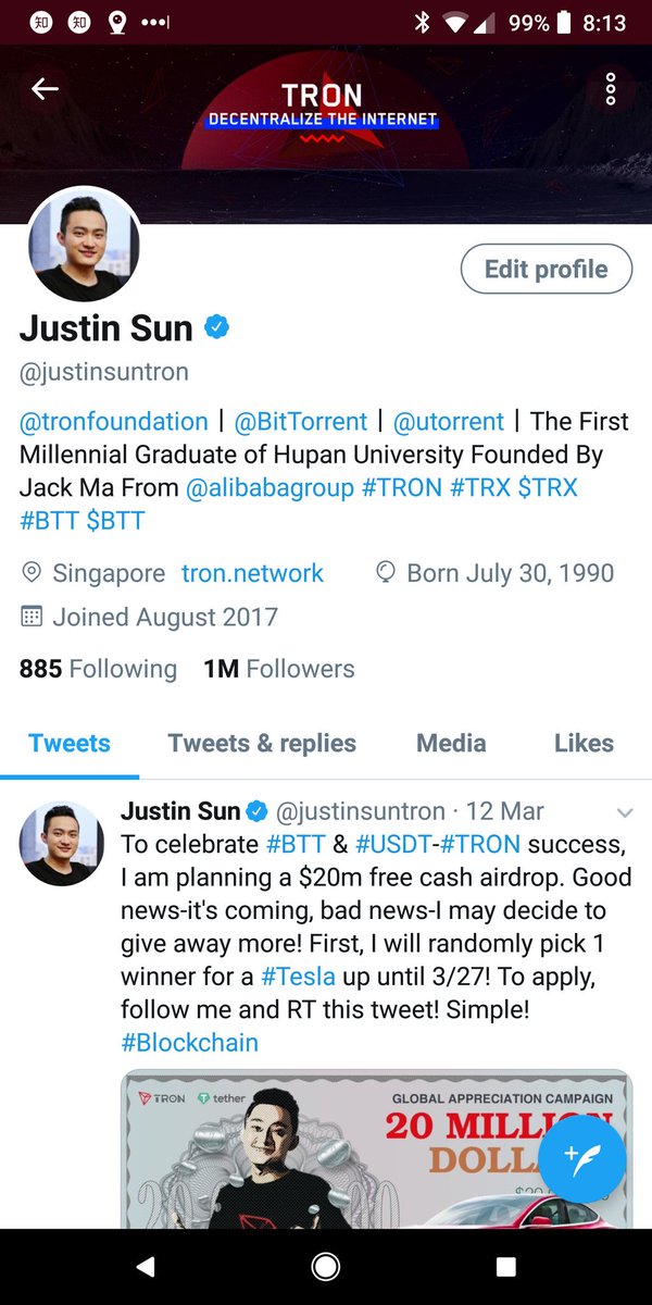 justinsuntron's tweet photo. First one in Crypto world to break through 1 million in Twitter! #TRON #TRX $TRX #BitTorrent #BTT $BTT https://t.co/7CeZFYKPuE