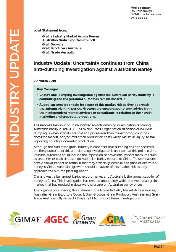A joint Australian grains industry statement with regards to the ongoing Chinese investigation into the alleged dumping of Australian barley, was released last night.  

Have a read here: