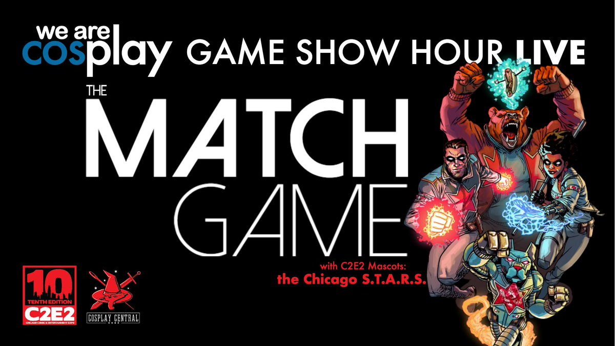 WeAreCosplay's tweet photo. Join us Friday, 5PM for Game Show Hour LIVE @c2e2 as we play The Match Game w/C2E2 mascots, the Chicago S.T.A.R.S.! Contestants selected from the audience for a chance to WIN official C2E2 merch and prizes! See all of our goings on this weekend at: https://t.co/xtmPn2m90p https://t.co/DE3egvHKrF