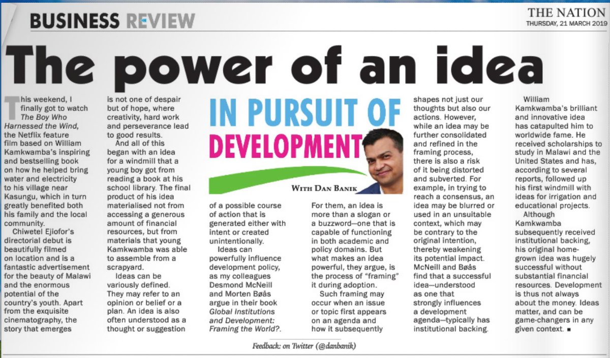 danbanik's tweet photo. My #InPursuitofDevelopment column in @NationOnlineMw today
on
"The Power of an Idea"
#TheBoyWhoHarnessedTheWind
#Mphepo #Malawi #globaldev #innovation
https://t.co/xH7ROTTdr3 https://t.co/9FQJBIzu4c