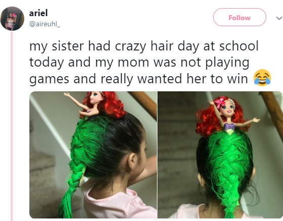 KindexNews's tweet photo. Girl wins school's "Crazy Hair Day" after she arrived in Little Mermaid inspired hair https://t.co/m6nLV6sTdc