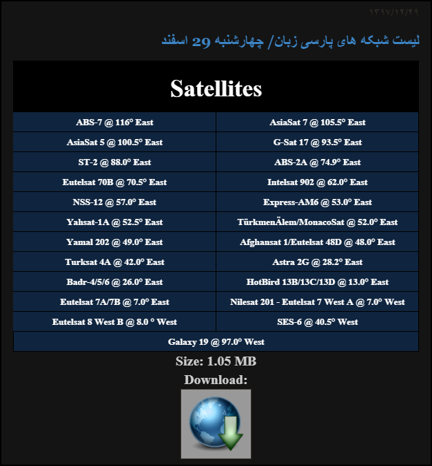 PersianSatNews's tweet photo. لیست شبکه های پارسی زبان/ چهارشنبه 29 اسفند
https://t.co/rqBErWREUB
#sat #satellite #azerspace #nilesat #eutelsat #hotbird #badr #yahsat #turksat #afghansat #galaxy19 #ses #astra #monacosat #turkemenalem #eutelsat #persiantv #persiansat #ماهواره https://t.co/nLqEeFm2LU