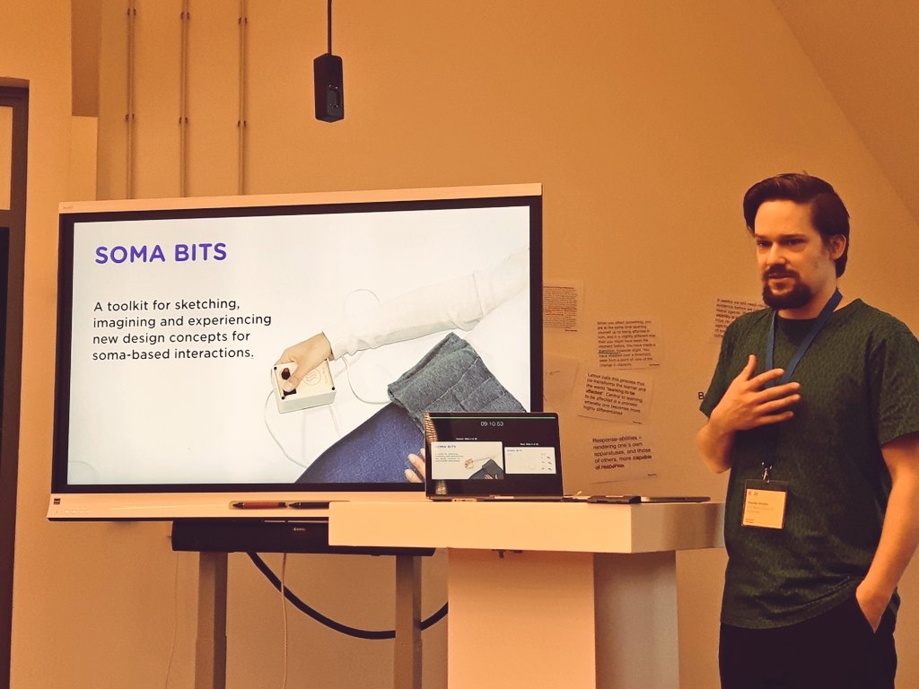 CarolineClaisse's tweet photo. Super interesting research Soma Bits #SomaDesign @ProfessorHook How to slow down the design process? @RTD2019 Charles Windlin showing ways to engage with our own lived experience & working with sociodigital materials Cant wait to read more about this! Fascinating & inspiring! https://t.co/yapyPx1hAp