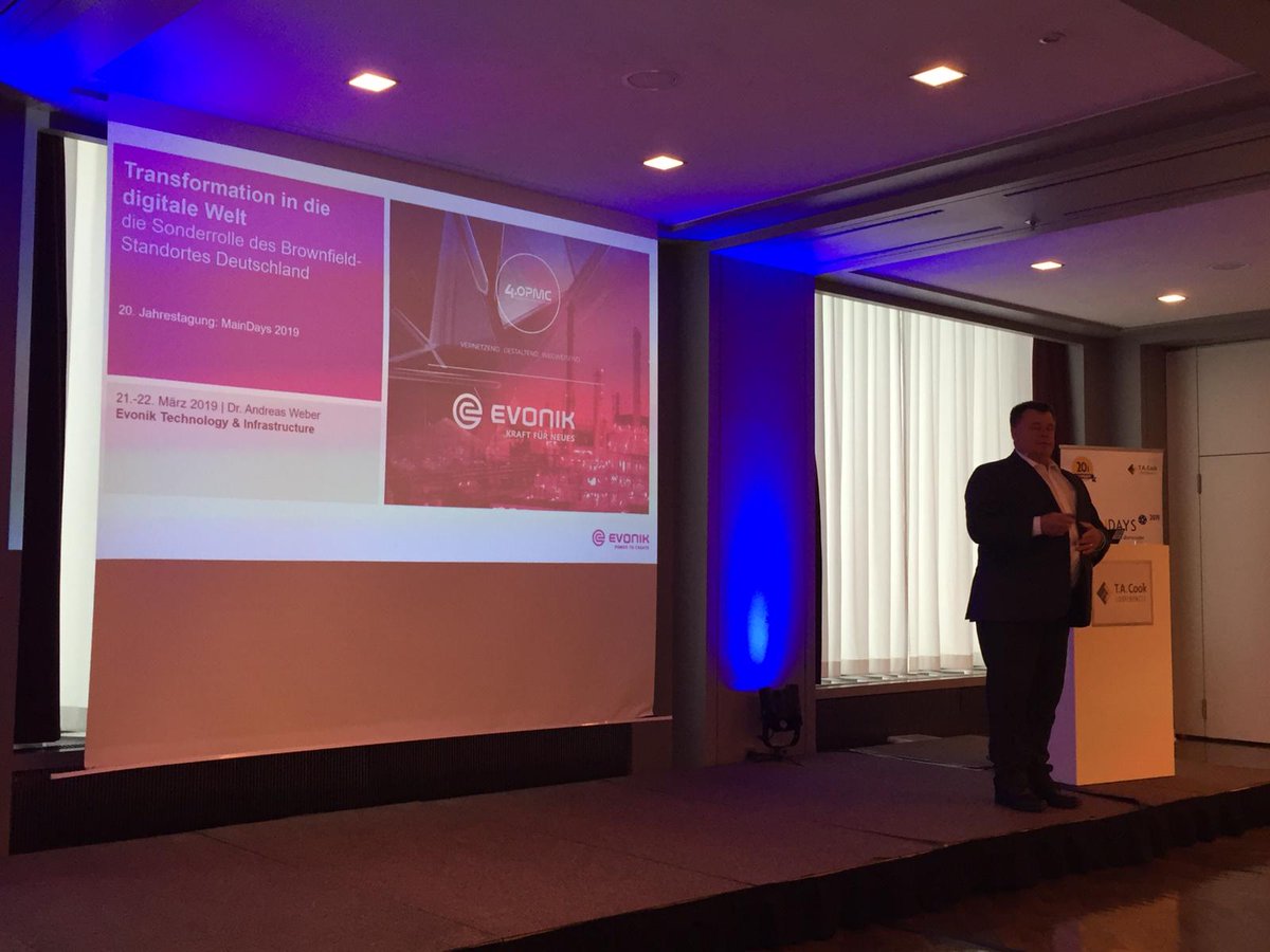 chemanager's tweet photo. Andreas Weber, Vice President, @Evonik #Technology &amp; #Infrastructure und Vorsitzender @4Opmc spricht über Transformation im Bestand - Sonderrolle des #Brownfield-Standortes Deutschland. #Maindays #Maindays19 https://t.co/zHYp6upLIq