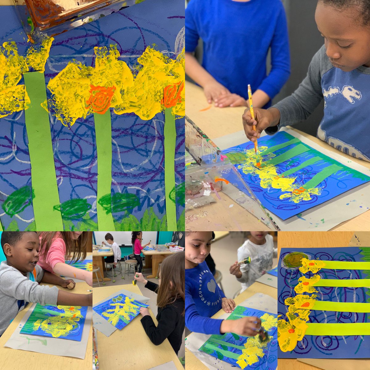 AJanksArtRoom's tweet photo. The first day of Spring was in full bloom in the art room with Kindergarten and their βStarry Night Sunflower Gardensβ #memorialart #adaptiveart #NJYam https://t.co/v0QEfTw9Xd