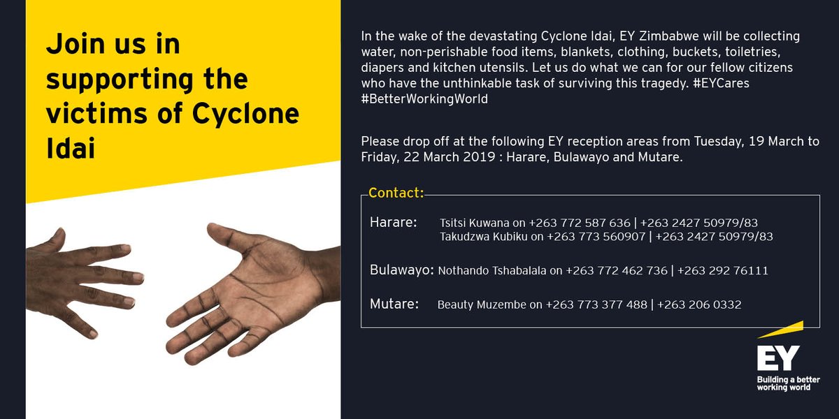 EarnestDeredza's tweet photo. Charity begins at home, Zimbabwe is our home and so is Africa. Let’s join hands in supporting the victims of Cyclone Idai. #EYcares #EYZIMBABWE #BetterWorkingWorld @EY_Africa https://t.co/bDIXokOfBx