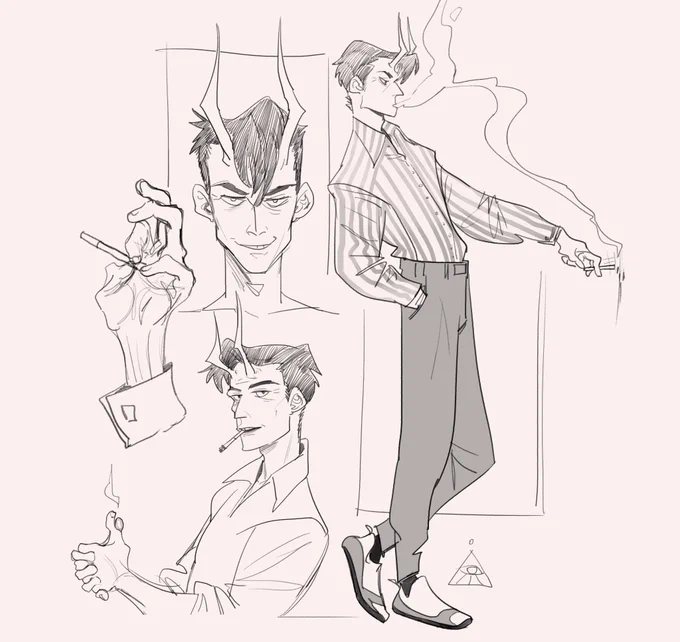 an old OC's redesign~?
 \if I don't smoke anymore, let him at least\
there are two versions of his origin:
 1) he's not an occultic creature, he just has a skin disease in which the outgrowths look like horns
 2) he IS an occultic cursed person)0)) 