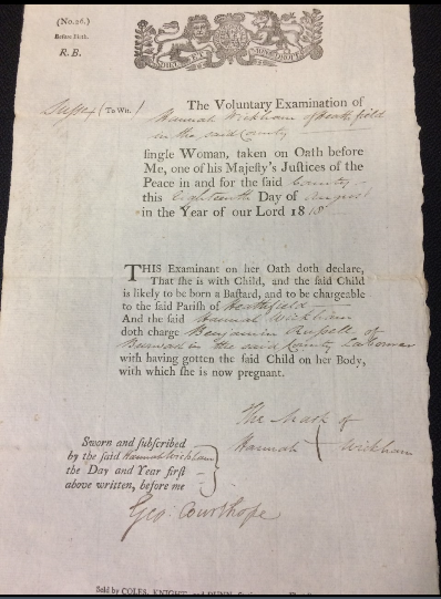 Bastardy examination of Hannah Wickham of #Heathfield, single woman, 1818. She cites Benjamin Rupell of #Burwash as the father; it was up to the parish overseers to chase him for maintenance payments.
#PoorLaw
#familyhistory
#Bastardybonds