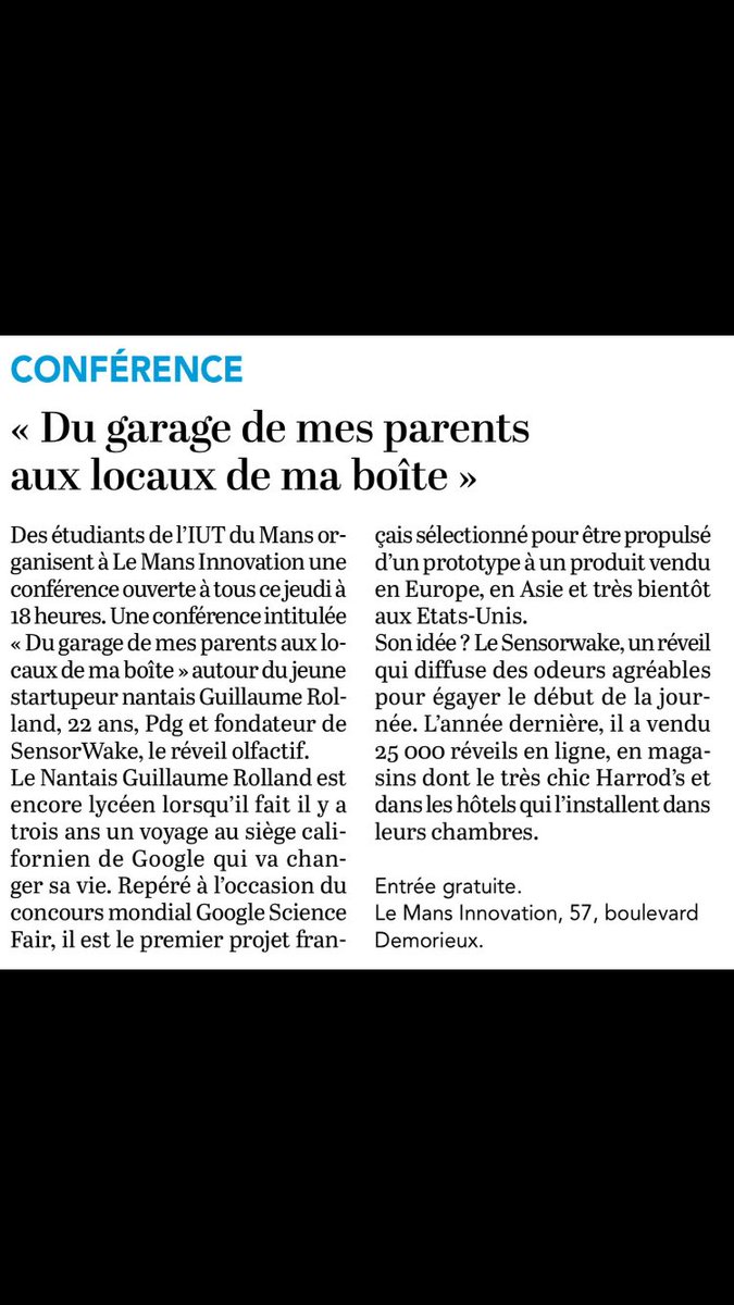 KarineLemercie1's tweet photo. Coup de projecteur sur la conférence organisée ce soir @LeMansInnov par des étudiants du département #GEA @IUTLeMans dans le cadre du projet tutoré. #sensorwake #entrepreneuriat Merci @lemainelibre https://t.co/vBuGBPDC8s