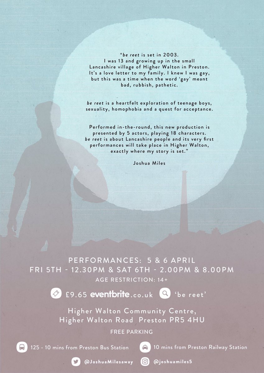 My brother @JoshuaMilesaway has written a play 💜 It’s 1st performances will be in Higher Walton Community Centre, Preston, Lancashire 5-6 April. It’s about growing up gay in Northern England and a quest for acceptance. 🏳️‍🌈 Tickets: eventbrite.com/e/be-reet-tick… <a href="/blogpreston/">Blog Preston</a>