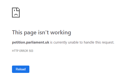ariehkovler's tweet photo. The UK Parliament petions site has now crashed under the load of people trying to sign a petition to cancel Brexit. Shows the importance of peak load testing! https://t.co/pppesTg5eJ
