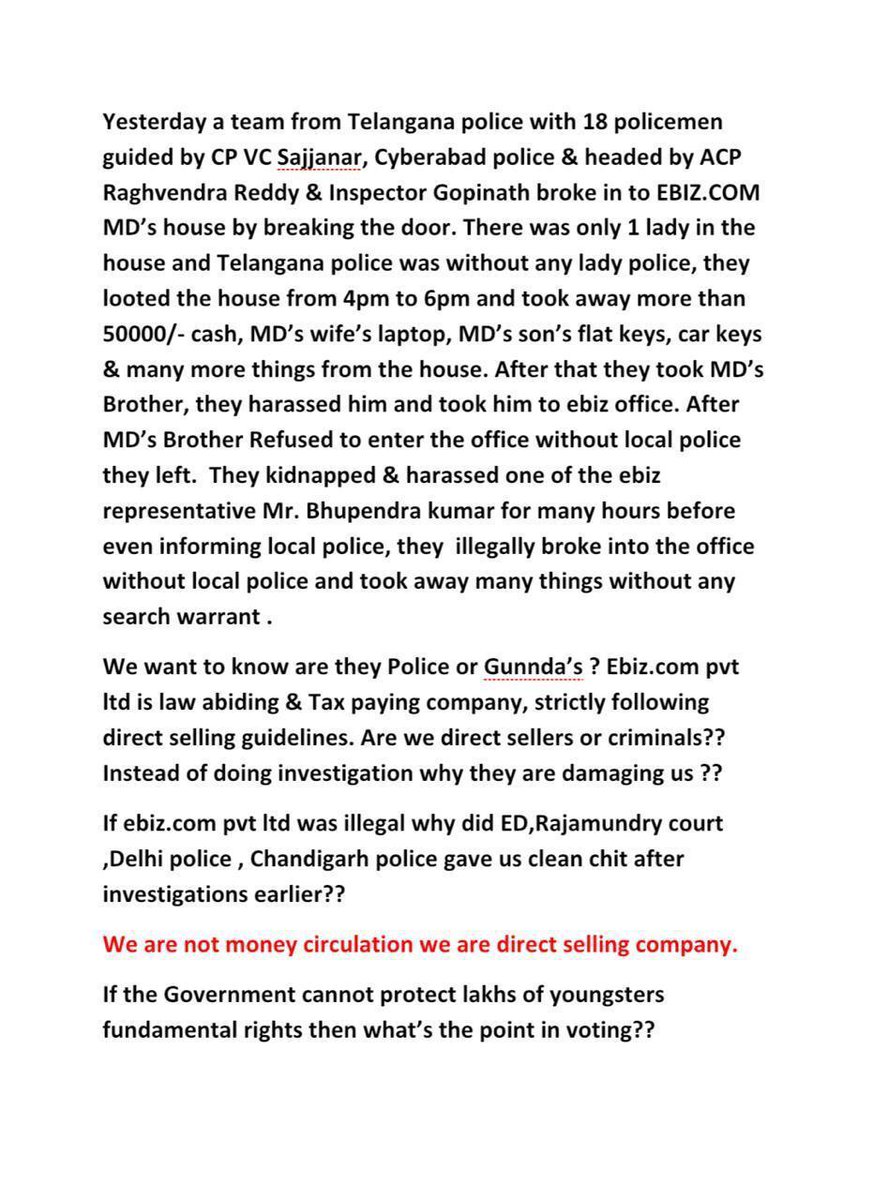 shailendrasji's tweet photo. HARSSMENT
VIOLATION OF CONSTITUTIONAL LAWS
TELANGANA POLICE BIASED INVESTIGATION.  WE WANT ACTION BY THE RESPOSIBILE AUTHORITIES 
@KTRTRS @rajnathsingh @ani @pti @TelanganaDGP @PMOIndia @hydcitypolice @DelhiPolice @RamVilasPaswan_  #justice4ebiz #nota https://t.co/tuhv7UF1xD