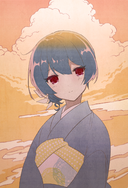 morino rinze 1girl solo red eyes japanese clothes kimono blue hair looking at viewer  illustration images